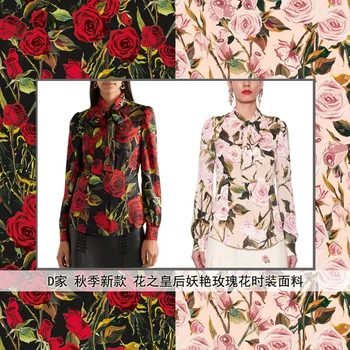 

100x145cm Pink Rose Printed Polyester Silk Stretch Satin Fabric Woman Evening Dress Sleepwear Imitate Silk Fabric DIY Sewing