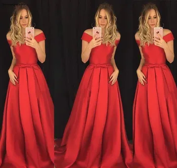 

2019 Red Long Evening Dress A Line Off Shoulders Bow Knot Sash Formal Holiday Wear Prom Party Gown Custom Made Plus Size