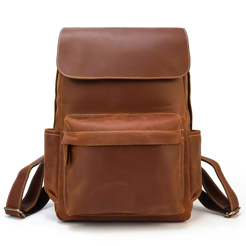 GenuineLeatherUnisexSolidZipperMensRetroBackpackLeatherBag