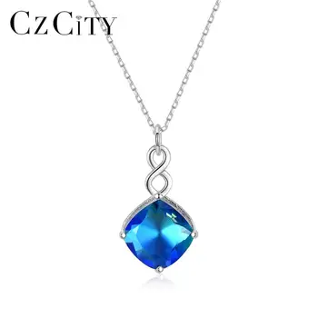 

CZCITY Sapphire Gemstone Pendant Necklaces for Women Wedding Engagement Fine Jewelry 925 Sterling Silver Collares Christmas Gift
