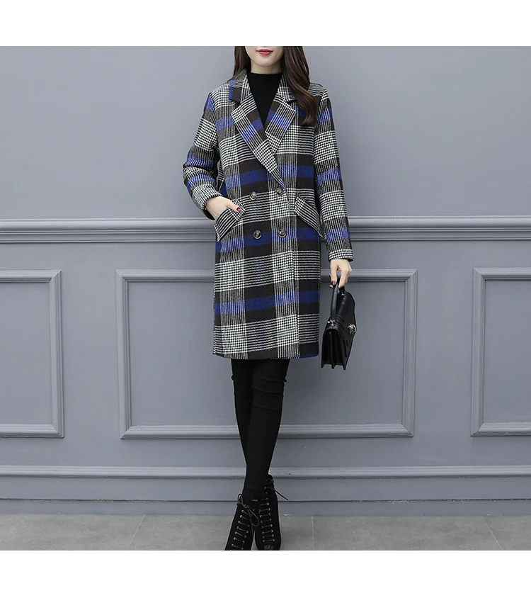 Plus Size Autumn And Winter Thick Woolen Coat Female Long Section Jacket Tide Loose Plaid Wool Coat Warm XL-5XL
