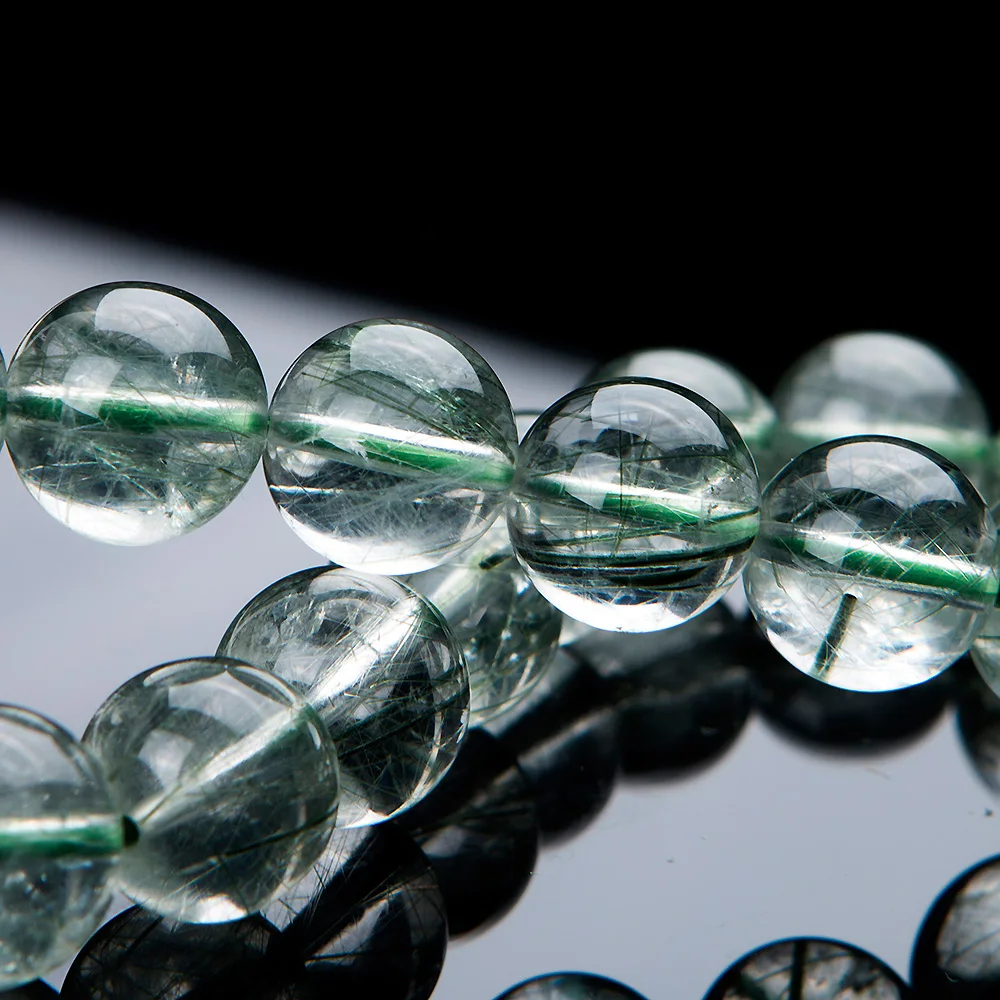 Genuine Brazil Natural Green Rutilated Quartz Gemstone Bracelet 12mm For Women Female Stretch Crystal Round Bead Bracelet AAAAA