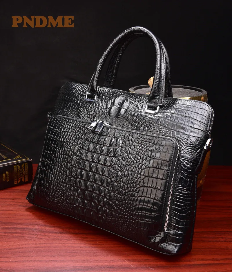 

High-quality men's first layer cowhide black crocodile pattern handbag business vintage single shoulder bag cross-body bag