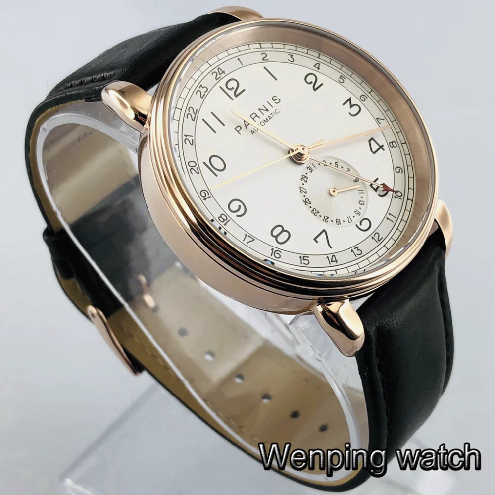 Parnis 42 мм розовое золото чехол GMT арабский знак Дата Окно кожаный ремешок мужские Топ Досуг автоматические механические часы