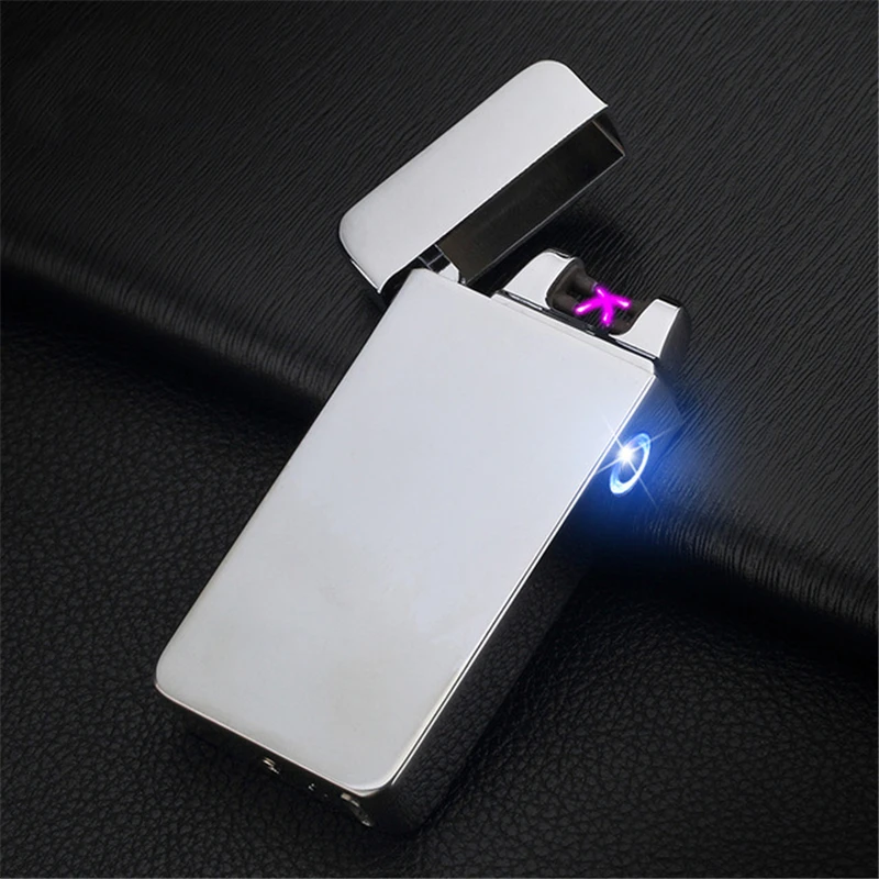 Dual Arc USB Lighters Metal Rechargeable Flameless Electric Lighter for Men Windproof Cigar Cigarette Plasma Lighter Electronic - Color: Silver