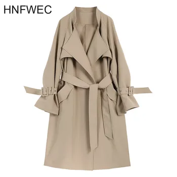 

Women Belt Pocket Split Trench New Lapel Long Sleeve Loose Fit Windbreaker Fashion Tide All-match Spring Autumn 2020 V085