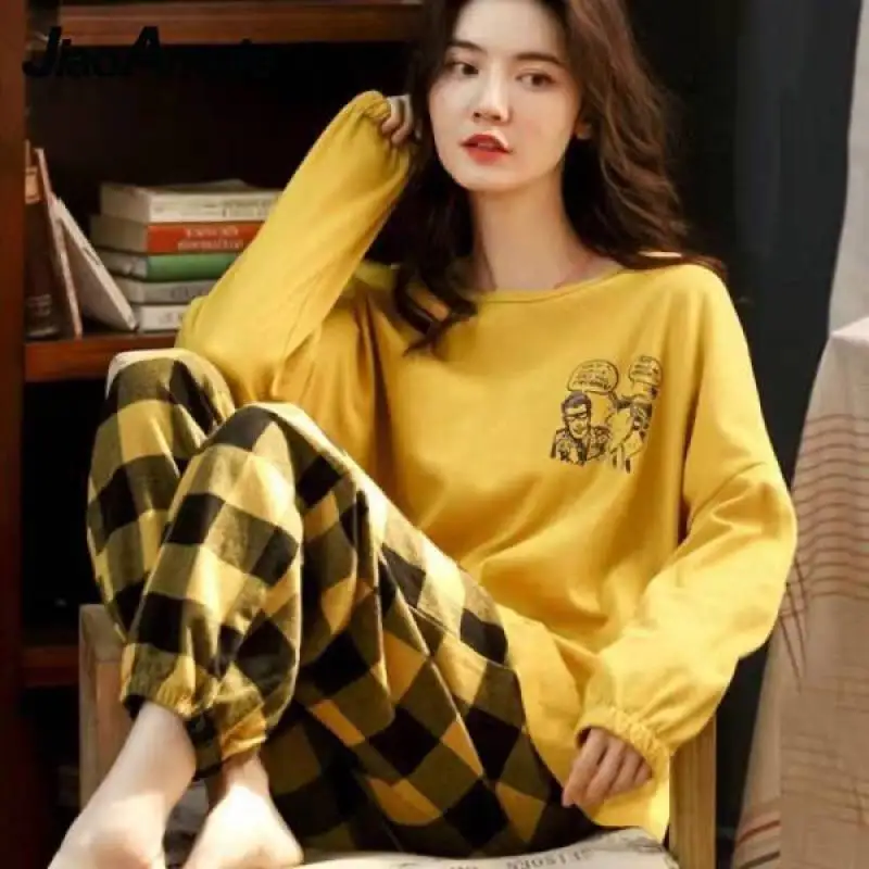 Pajamas Women Cartoon Sleepwear 2022 Spring Autumn New Long-sleeved Trousers Pijamas Two-piece Cute Pijamas Home Clothes Suit