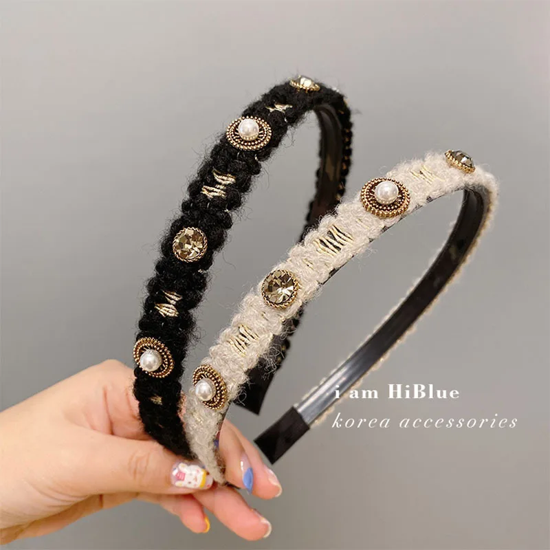 New retro classic wool headband headdress wild net red simple baroque rhinestone headband european and american new fashion solid color fabric craft pearl rhinestone light luxury headband retro elegant hair accessories