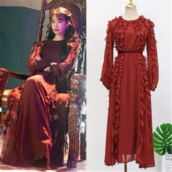 

CBAFU red/black ruffles temperament dress for women long sleeve o neck elegant party long dress designer runway vestidos F153