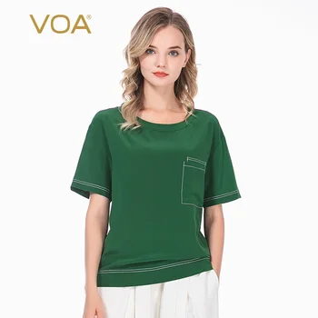 

Voa Solid Color Silk Round Neck The Shoulder Long Sleeve Open Line Decoration Small Square Pocket T-shirt Bx02 T Shirt Harajuku