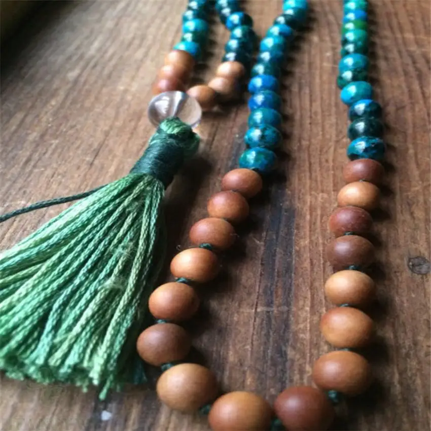 8mm Malachite Gemstone 108 Beads Tassels Mala Necklace Buddhist spirituality Unisex Wrist Handmade energy Healing Prayer Men