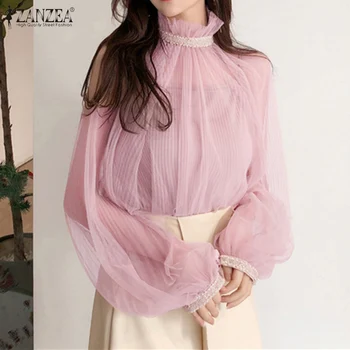 

Puff Sleeve Mesh Tops ZANZEA Fashion Women Pearl High Collar Shirts Sexy See Through Ladies Party Wear Tunic Blusas Chemise 7