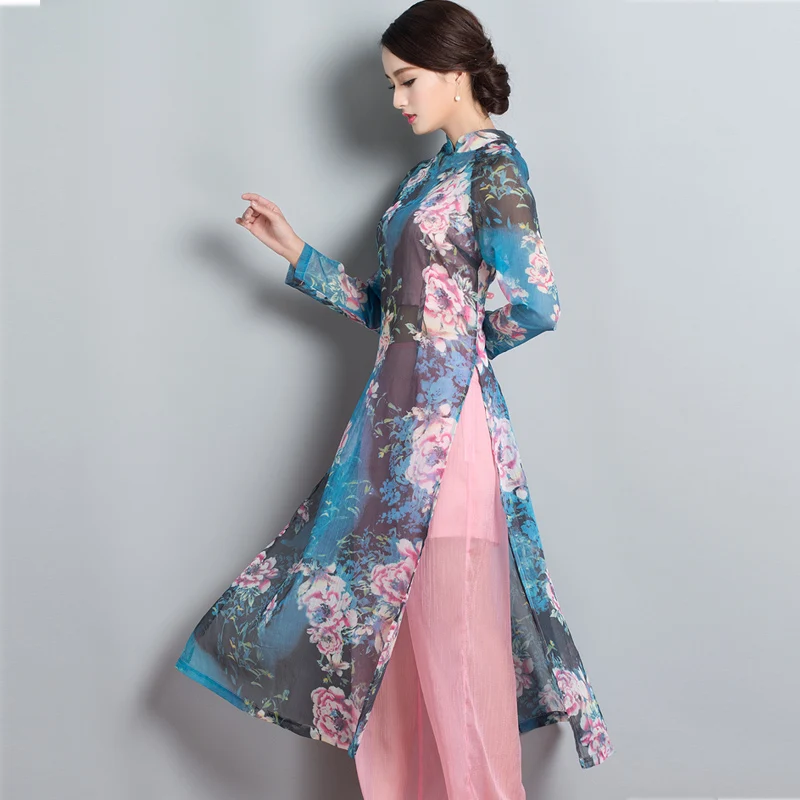 

2019 ao dai women improved vietnam cheongsam stand collar chiffon asian clothes long aodai robe+pants pieces suit floral print