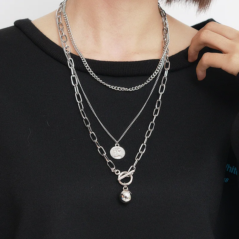 Silver Color Puck Rock Chain Necklace Multilayer Ball Pendant Statement Women Men Necklaces Street Jewelry Collar | Украшения и
