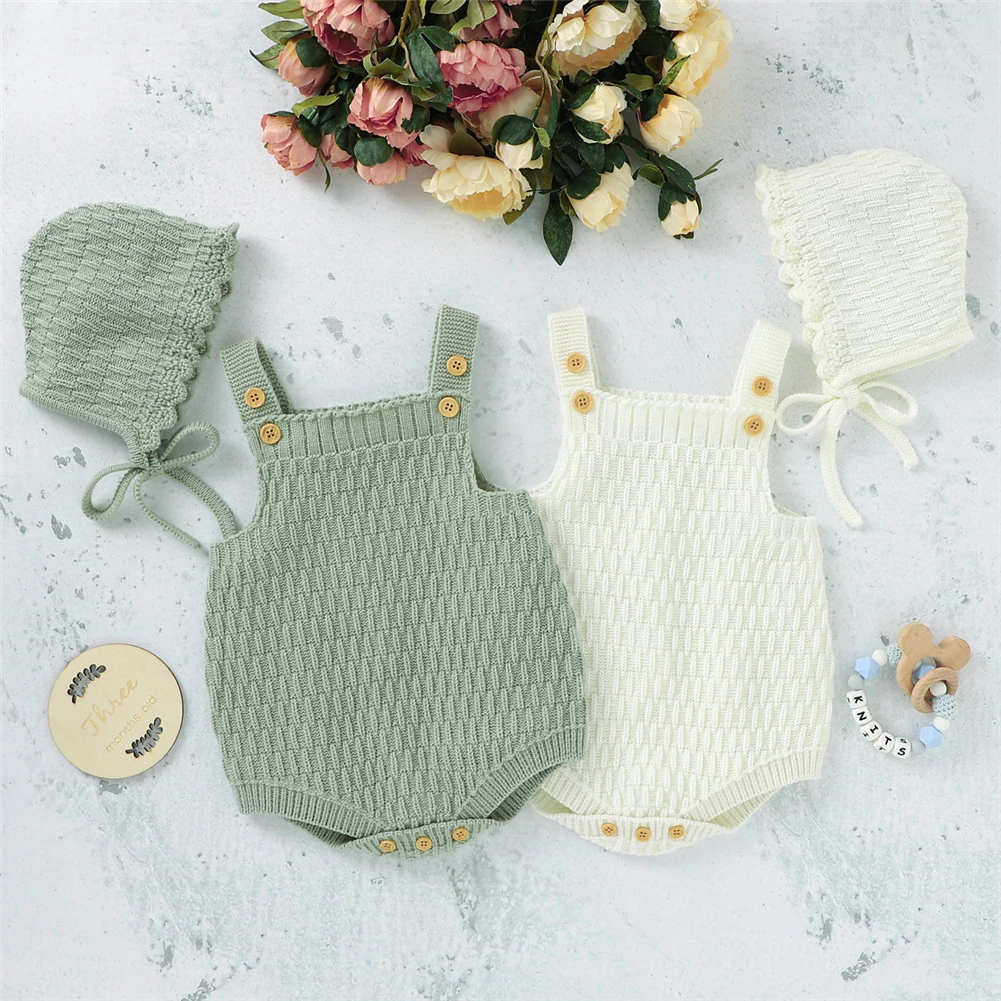 Baby Spring Autumn Clothes Set Knitted Romper Triangle Crotch Button One-Piece Jumpsuit+Hats Toddler Baby Boys Girls 2Pcs baby clothing set line