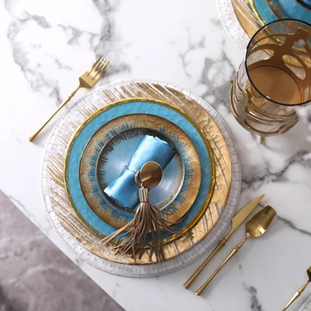 

Blue And Gold Western Dinner Steak Plate Set Tray Tableware Set Plate Tableware Dinnerware Tableware Cutlery Set Glass Dinner