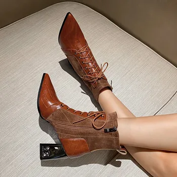 

2020 spring and autumn new leather retro Martin boots women medium thick heel lace short boots wild tide boots X258
