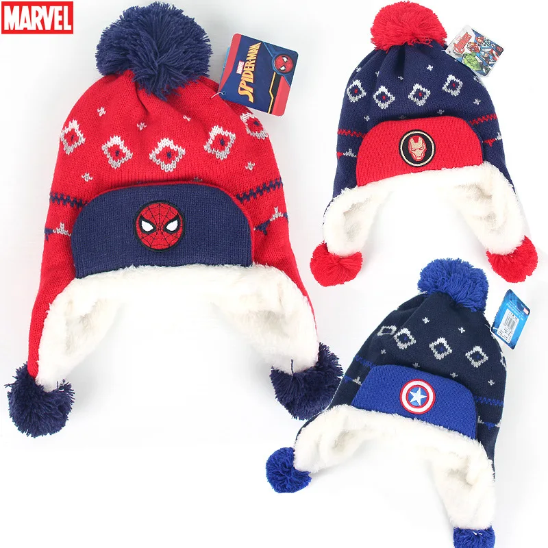

3-8 Yrsd Disney Genuine Avengers Child Boy Add Velvet Keep Warm Winter Hat Set Head Protector Hairline Knit Spider-Man Iron Man