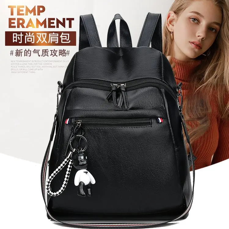 

2019 New Style Korean-style WOMEN'S Backpack Fashion Pu Retro Soft Leather Backpack Double Zipper WOMEN'S Bag