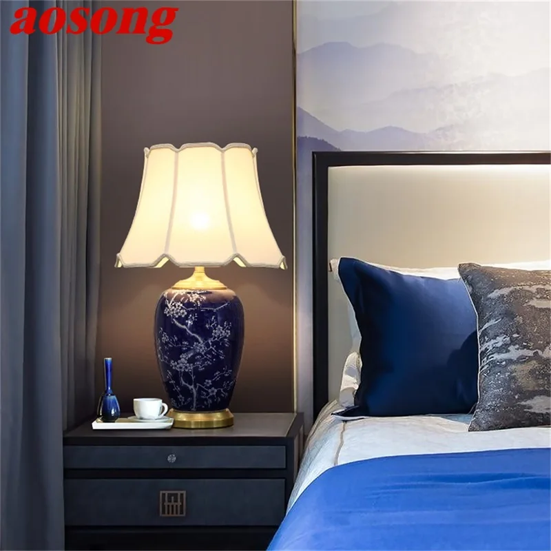 

AOSONG Blue Ceramic Table Lamps Brass Modern Luxury Fabric Desk Light Home Decorative for Living Room Dining Room Bedroom