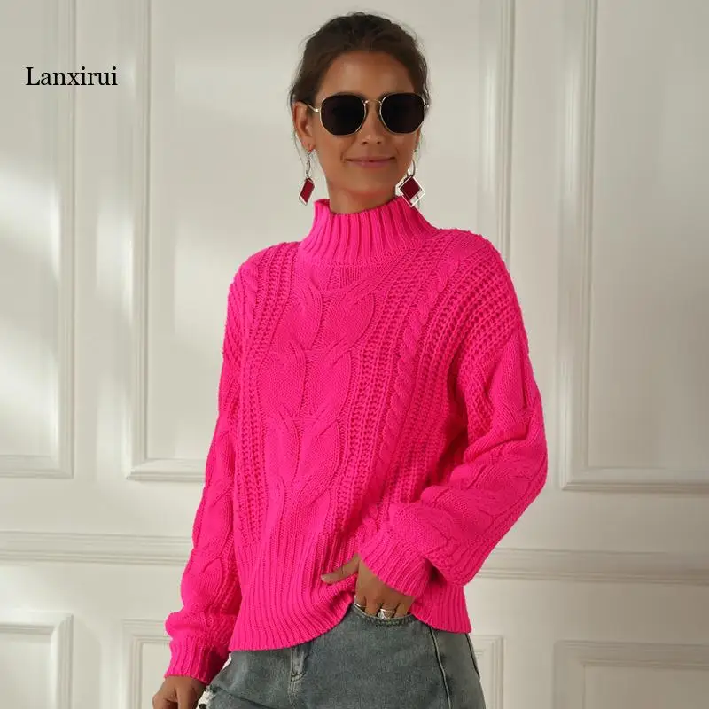 

Neon Sweater Women Knitted Fuchsia Pink Solid Half Turtleneck Pullovers Long Casual Loose Knitting Shirts Female Jumpers