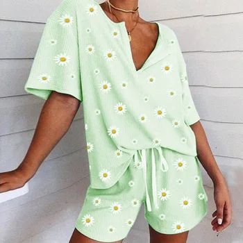 

Women's Pajamas Set Summer Daisy Printed Short Sleeve And Shorts Sleepwear Female Casual Ladies Homewear