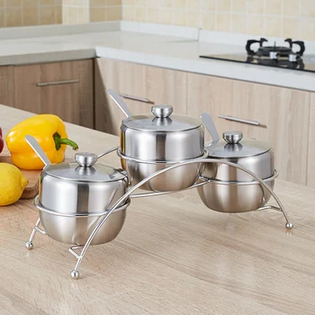 

Stainless Steel Condiments Jars Serving Bowls Seasoning Container Set Kitchen Cruet Bottle with Stand Rack 3 Packs HYD88