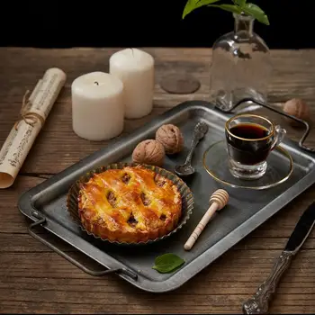 

European Retro Square Iron Plate With Handles Metal Vintage Bread Tray Home Decoration Garden Restaurant Table Photographing