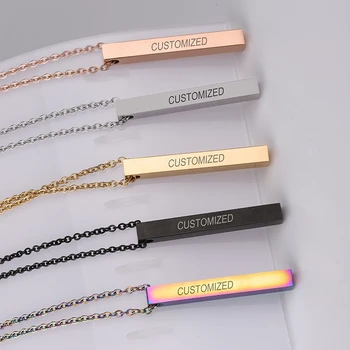 

50Pcs/Lot Custom Name Letter Date Logo Necklace Square Bar Pendant Necklace Stainless Steel Chain Necklace For Women Men Gifts