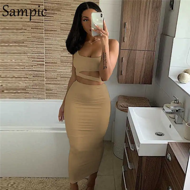 Khaki Sampic, сексуальные, вечерние, повседневные, комплект из двух предметов, без рукавов, топы, бодикон, Женский комплект 2 шт., длинная юбка, набор, лето - Цвет: Khaki