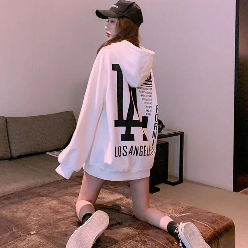 Oversized Loose White Sweatshirts Kpop Couple Clothes Letter Printed Autumn Winter Hoodies Women Pockets Harajuku Hoodie