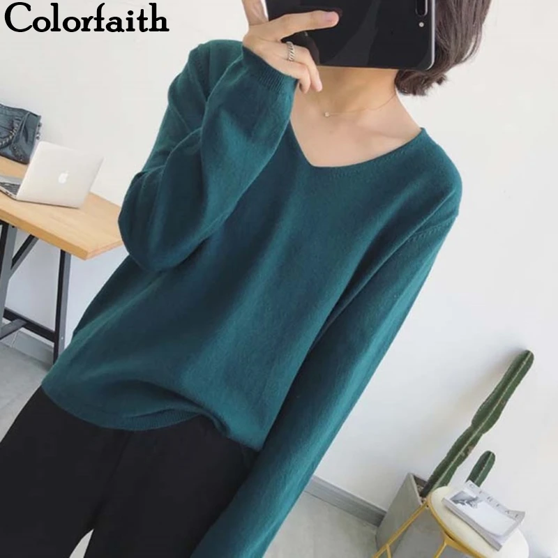 

Colorfaith 2019 New Autumn Winter Women Sweater-pullovers Minimalist Knitting Elegant Ladies Solid Multi Colors Tops SW1910