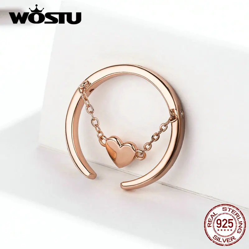 WOSTU, 925 пробы, серебряное кольцо, цепочка в форме сердца, для свадьбы, розовое золото, регулируемый Штабелируемый палец для женщин, для влюбленных, роскошные ювелирные изделия DXR572