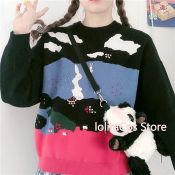 

Mori Girl Small Fresh Patchwork Scenery Jacquard Thick Knitted Sweater Student Pullover Japanese Soft Girl Retro Knitwear Tops