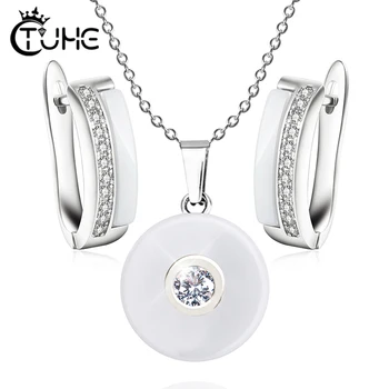 

Fashion Black White Ceramic Jewelry Set Round Crystal Pendant Neckalce Cute One Row Rhineston Earrings For Women Party Jewelry
