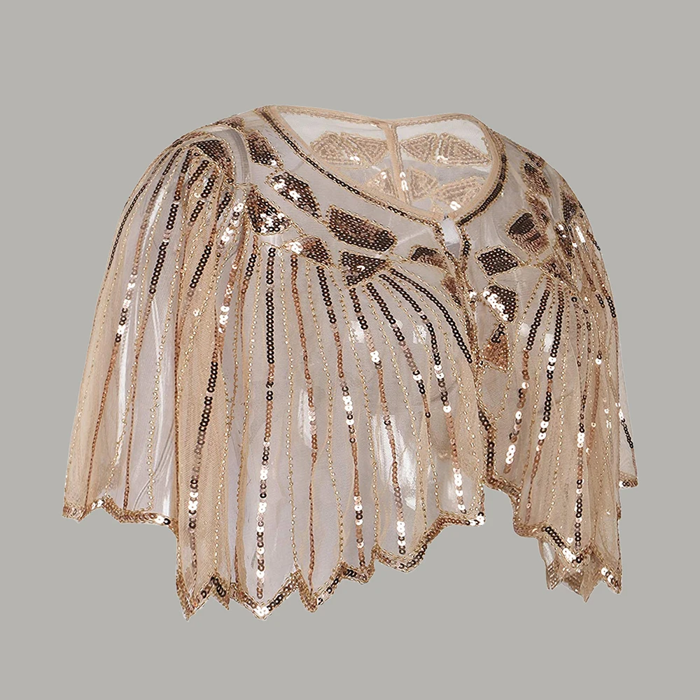 Vintage 1920s Flapper Shawl Sequin Beaded Short Cape Beaded Decoration Gatsby Party Mesh Short Cover Up Dress Accessory