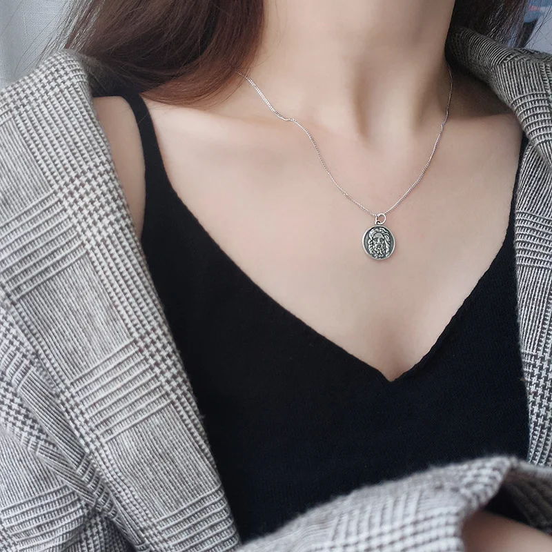

S925 Sterling Silver Necklace Retro Retro Figure Coin Necklace CHIC Korean-style Cool Women's Choker Accessories