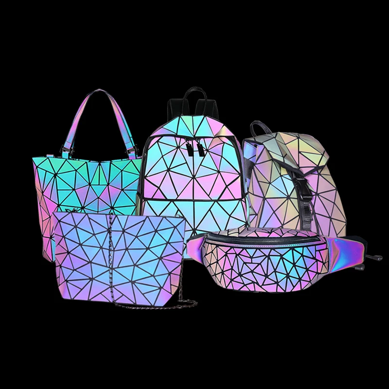 

Laser Luminous Triangle Sequin set Backpack for women's shoulder bag School Girls Backpack Female Design Backbag holographic bag