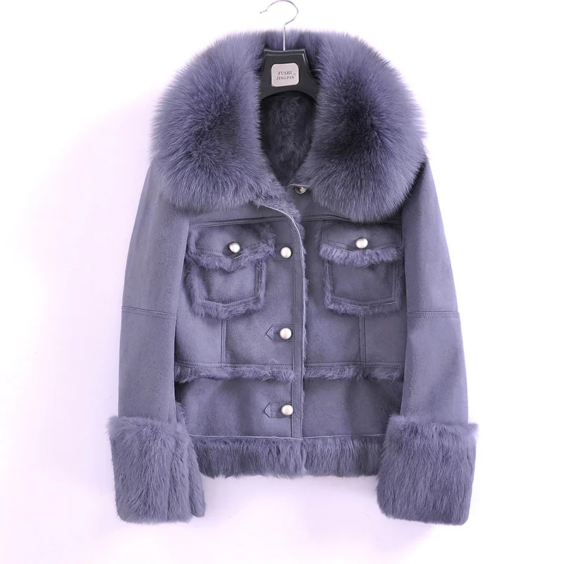 blue Природный натуральный мех пальто Женский Лисий меховой воротник из натуральной кожи кролик зимняя куртка с отделкой из меха пальто женская одежда двухсторонние Топы - Цвет: blue