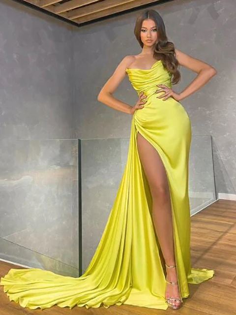 Smileven Yellow Sexy V Neck Mermaid Evening Dress Strapless High Side Split Prom Dresses Dubai Celebrity Dresses Party Gowns yellow as picture 1
