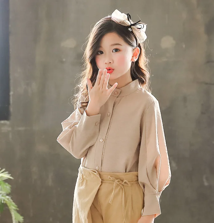 khaki shirt Г. Новая весенняя рубашка для малышей блузки для девочек детские топы, шифоновая рубашка для девочек универсальная одежда для малышей на одной пуговице#5283 - Цвет: khaki shirt