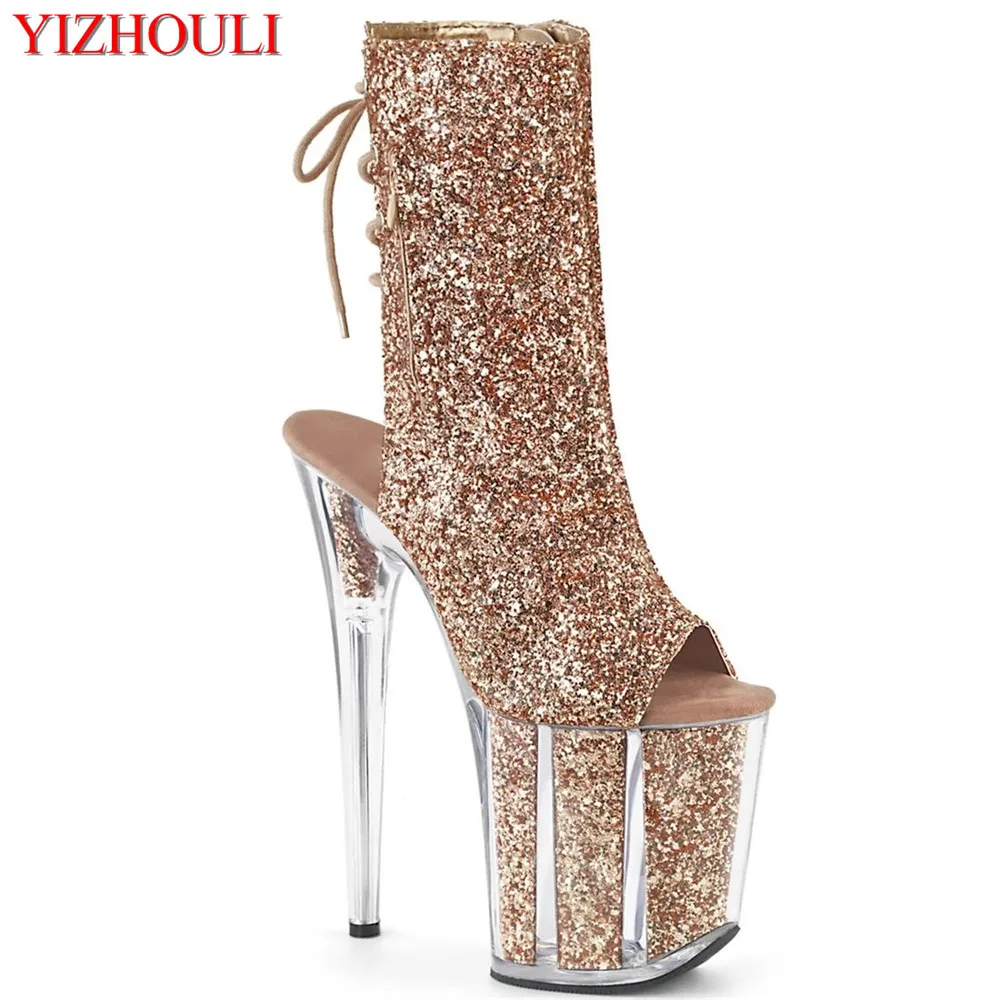 

Sexy open-toe high-heeled ankle boots, sparkly cloth vamp model pole dancing using 20cm high-heeled party, dancing shoes