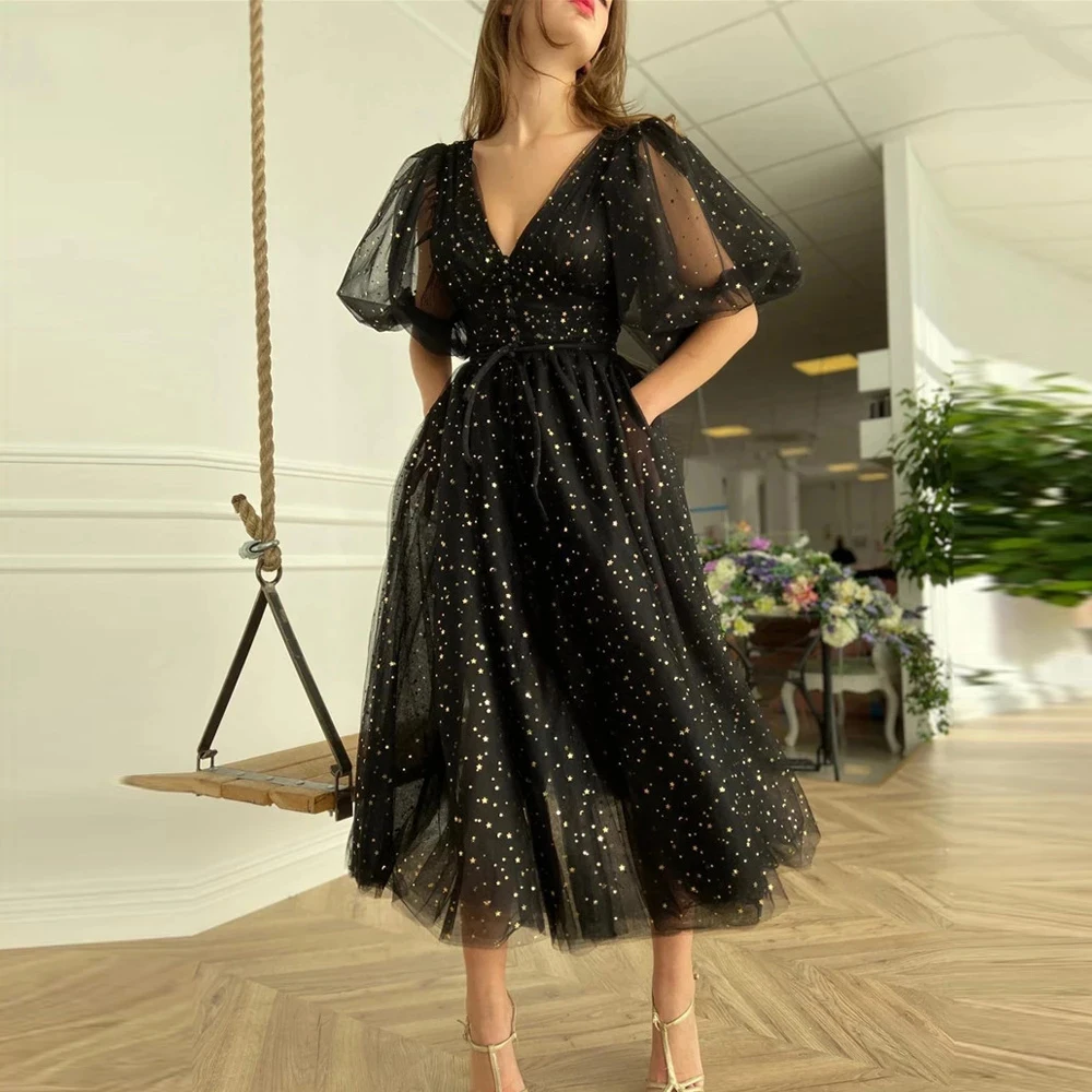 RU113 Glitter Black Tulle Short Prom Dresses With Puff Sleeves Golden Stars V Neck Tea Length Formal Party Gowns With Pockets evening gowns