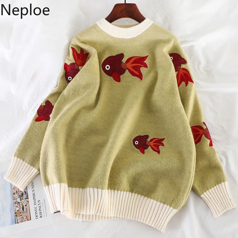 Neploe, свободный необычный стиль, контрастный цвет, пэчворк, Pull Femme Hiver, о-образный вырез, длинный рукав, Вязанный свитер с вышивкой 3D, пуловер 47773