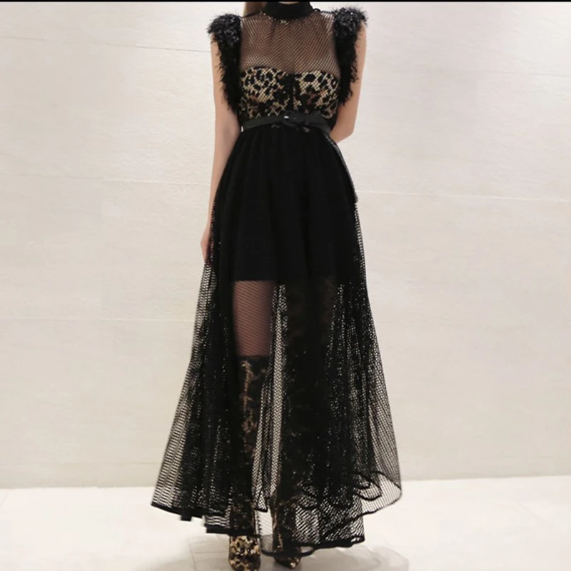 TWOTWINSTYLE лоскутное Сетчатое леопардовое платье с кисточками для женщин, стоячий воротник, без рукавов, высокая талия, платья с поясом для женщин, мода