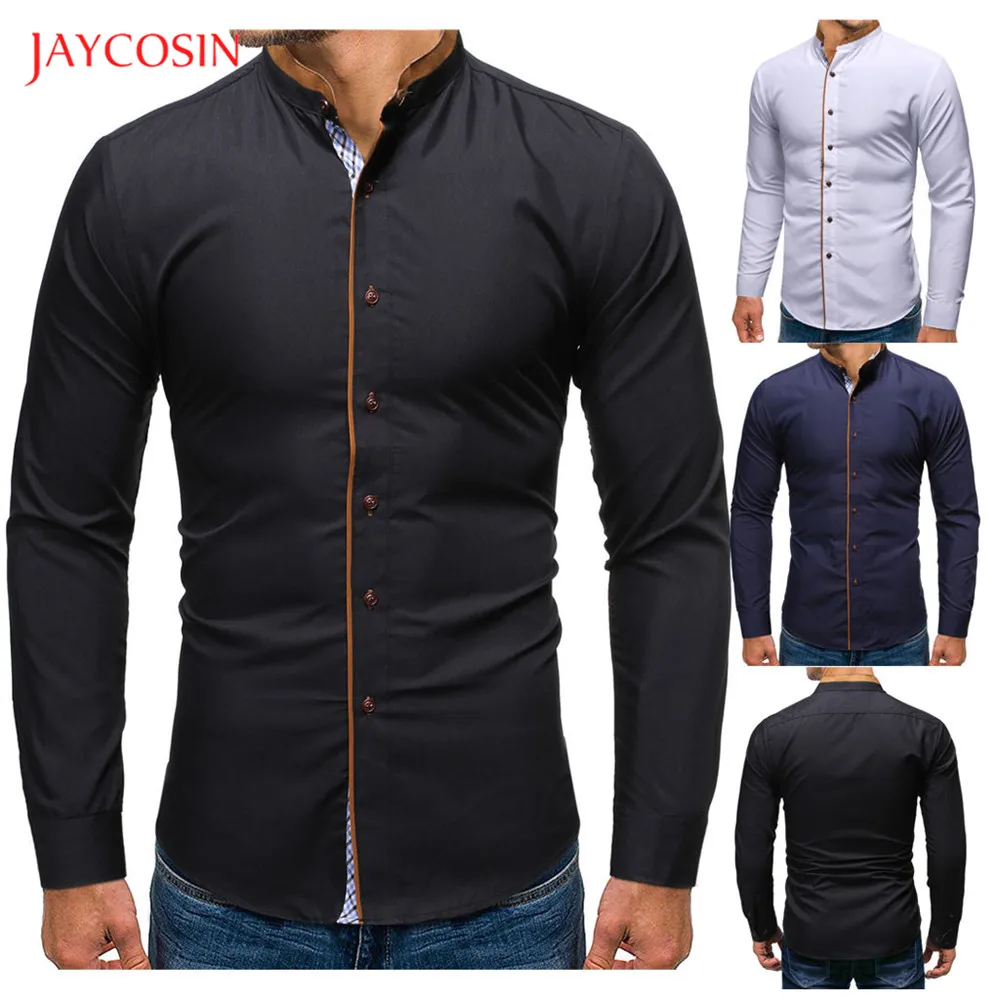 Joycosin, Осень-зима, мужская рубашка, повседневная, модная, Мужская одежда, деловая, официальная, стоячий воротник, одноцветная, с длинным рукавом, на пуговицах, мужская рубашка