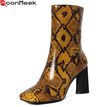 

MoonMeek 2021 New Arrival Women Boots Thick High Heels Square Toe Ankle Boots Autumn Winter Fashion Ladies Shoes Black Yellow