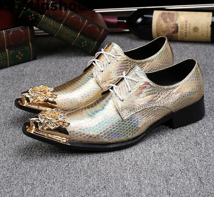 Golden Genuine Leather Men Shoes Snakeskin Printed Fashion Casual Business Party Wedding Leisure Oxfords | Обувь