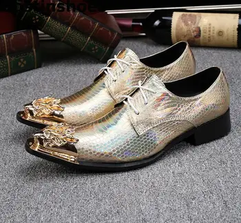 

Golden Genuine Leather Men Shoes Snakeskin Printed Fashion Men Casual Leather Business Shoes Party Wedding Leisure Oxfords Shoes