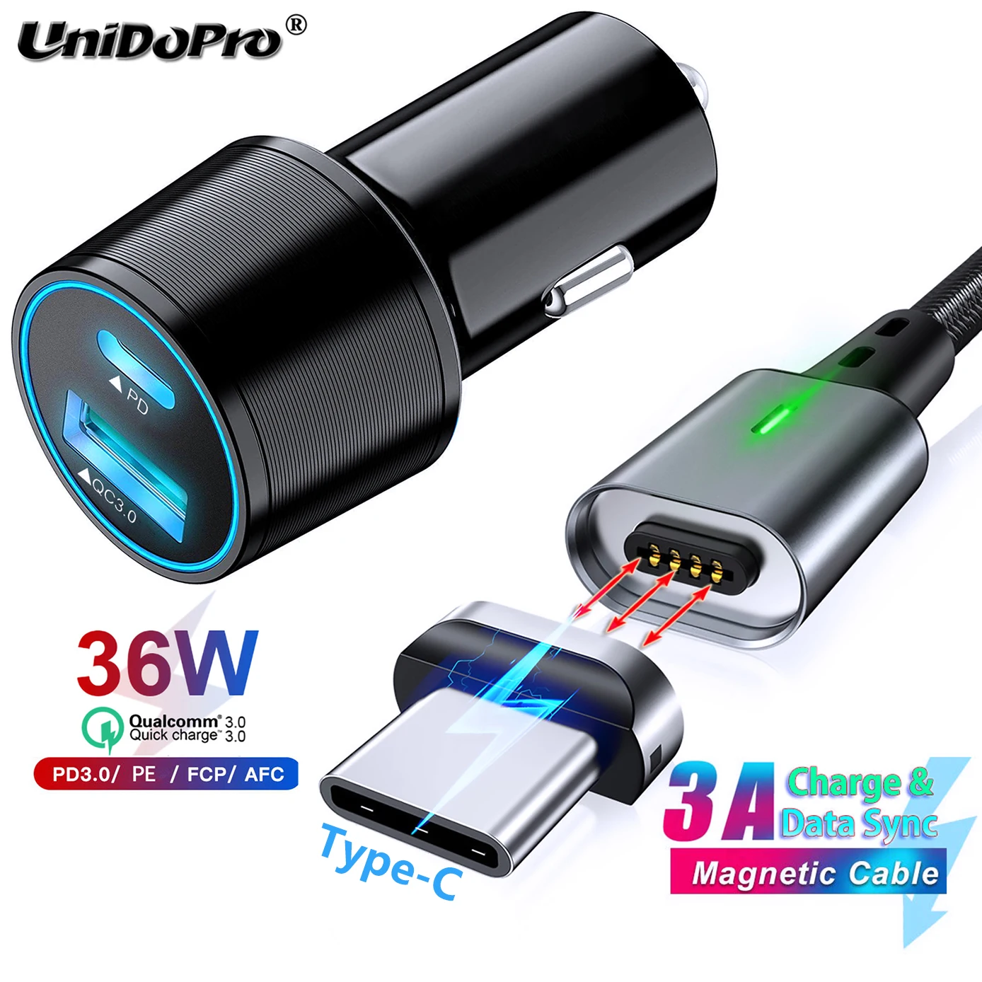 Quick Charge QC 3.0 PD Car Charger + 1M Magnetic Type C Cable for Huawei Mate 40 Pro+ Nova 8/7 SE 5G / 7i Honor 30/9x Lite X10 | Мобильные